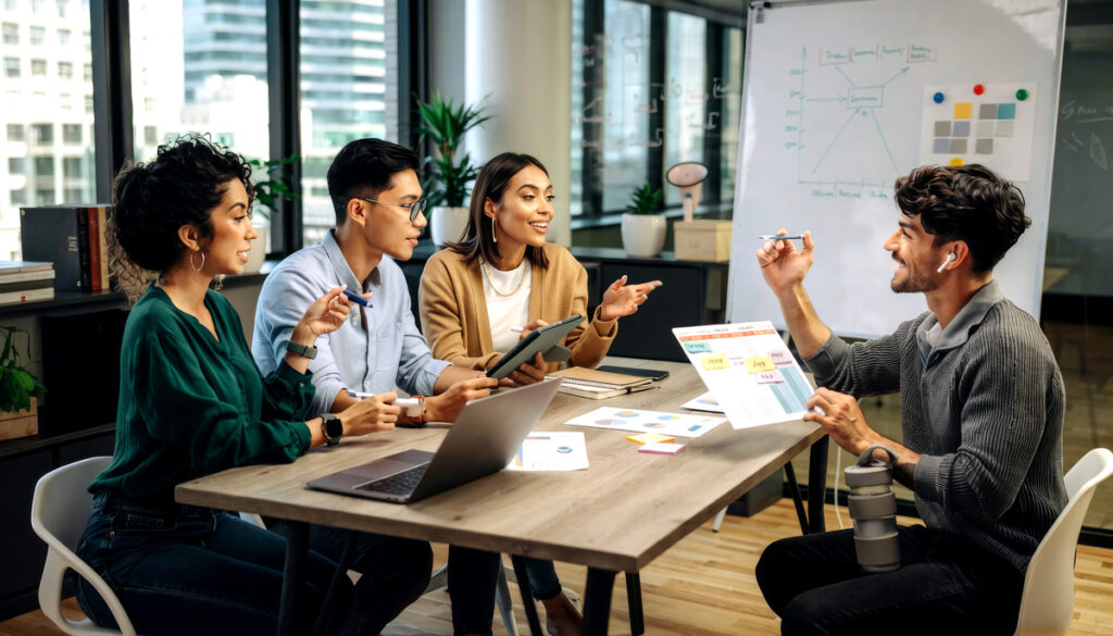 Startup-Team bei der Planung der strategischen Kommunikation