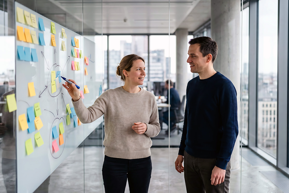 Strategische Kommunikationsberatung - Frau am Whiteboard voller Post-its und aufgemalten Pfeilen erklärt Mann Kommunikationsstrategie